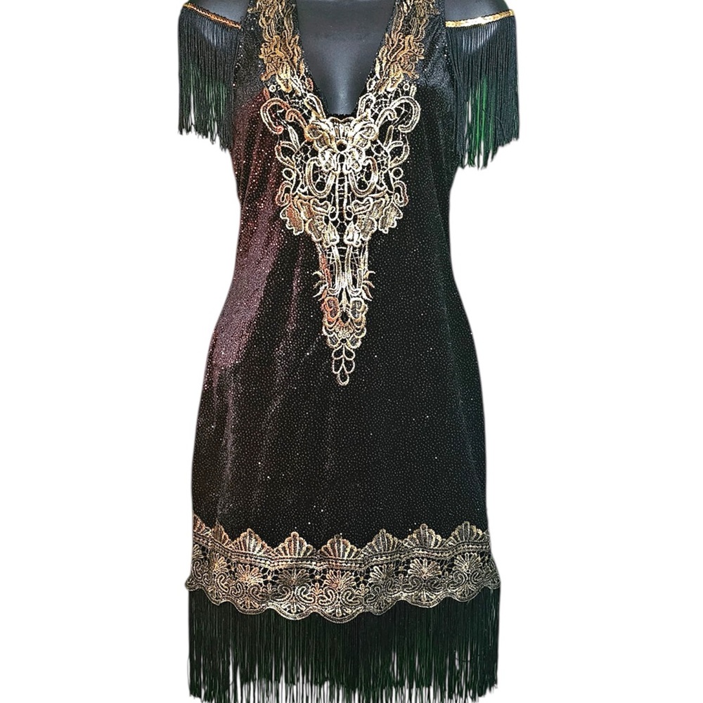 Black & Gold 1920s Flapper Dress w/ Fringe (Never Worn)